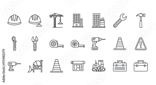 Construction line icons set. Building industry tools and engineering equipment. Vector symbols collection with helmet, crane, wrench, hammer, drill, blueprint and bulldozer.