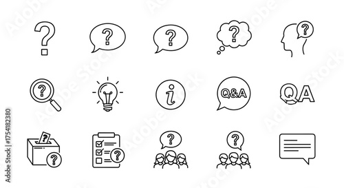 Question and Answer line icon set. Contains such icons as FAQ, help, support, quiz, survey. Search information, problem solving, communication, forum, feedback. Editable stroke.