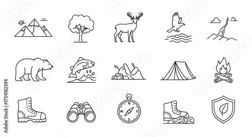 Big set of thin line icons for camping, hiking, and outdoor adventure. Vector symbols of nature, wildlife, and travel. Includes mountain, forest, bear, deer, tent, campfire.