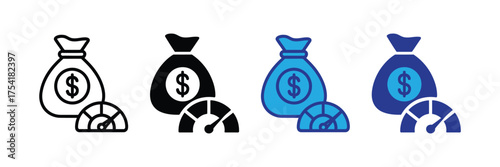 Money bag with dollar sign and speedometer icon, representing financial speed, loan, credit score, or investment growth, isolated on transparent background