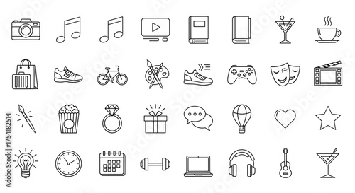 Hobby and lifestyle line icon set. Thin outline symbols for leisure, entertainment, sport, art, music, gaming, shopping, travel, food, and drink. Vector graphic elements.