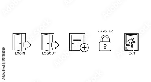 User interface authentication icons login logout register padlock security exit door entry. Web application access control elements. Vector line illustrations