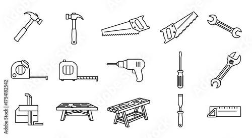 Set of construction tools line icons. Carpentry, woodworking, and repair instruments collection. Vector graphic with hammer, saw, drill, wrench, and workbench for DIY projects.