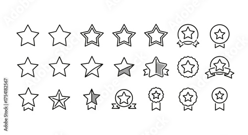 Star icon set. Rating and review symbols for customer feedback. Quality, success, and achievement concept. Favorite badge and award medal line icons for UI and UX design.