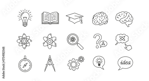 Science, education, and innovation line icon set. Symbols for knowledge, research, learning, and discovery. Vector graphics of brain, lightbulb, atom, book, and gears.