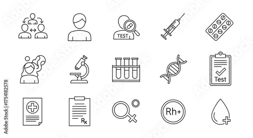 Medical health care line icons set. Laboratory test, diagnosis, prescription, syringe, pills, DNA analysis, genetic testing, gender, blood type, medical report, microscope, research, laboratory