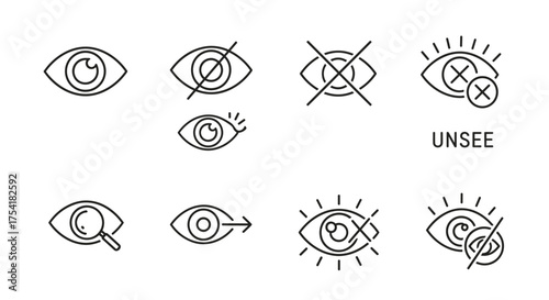 Set of eye vector icons. Concepts of see, unsee, view, hide, and censor. Includes symbols for search, inspection, sensitive content, parental control, and spoiler alert.