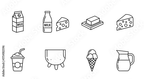 Dairy products line icon set. Milk, cheese, butter, ice cream, yogurt, milkshake. Farm fresh food vector symbols. Outline graphic illustrations for nutrition, grocery, agriculture.