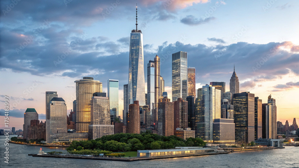 Obraz premium An aerial view of the new york city skyline at dusk with the one world trade center in the background