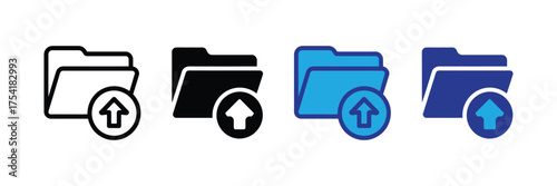 Folder upload icon set in different styles outline, solid black, blue gradient, and solid blue, isolated on transparent background