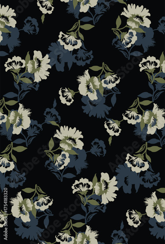 Abstract solid vector textile design, arrangement with a medium simple white flowers, all-over seamless pattern with green and cream tone, and black color background illustration, digital image prints