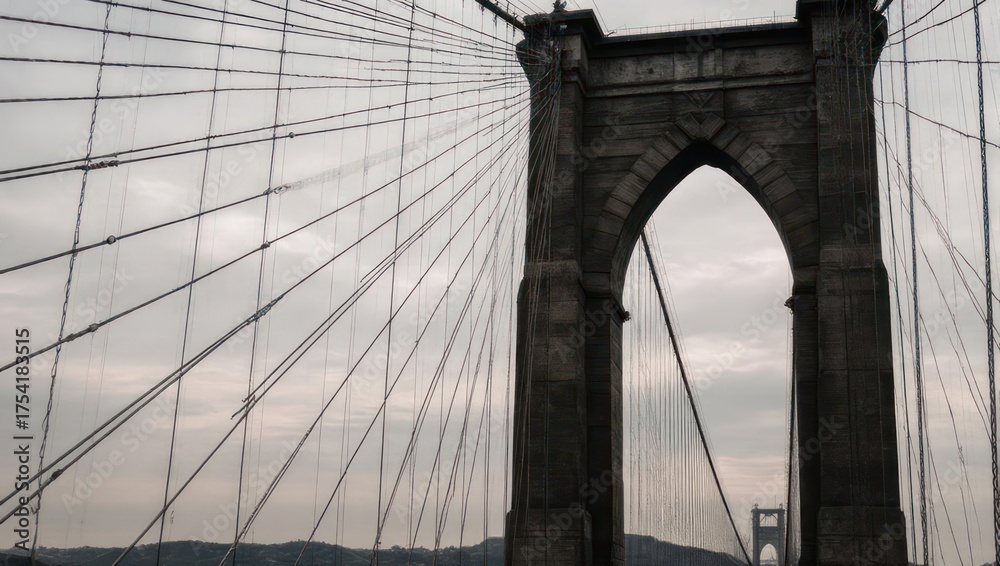 Fototapeta premium Brooklyn Bridge Arch and Cables on Overcast Day.