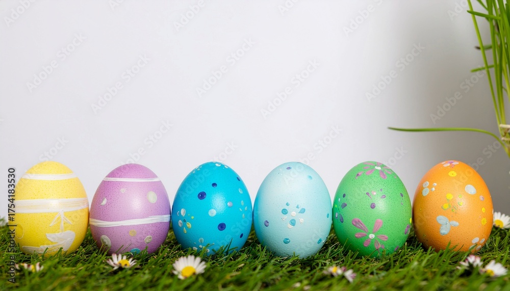 Fototapeta premium Collection of six painted easter eggs template celebrating. Happy Easter with cut green meadow grass and daisies on a white background.
