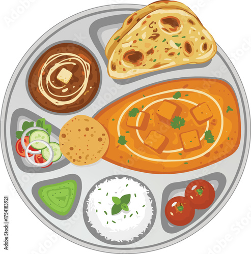 Delicious Vegetarian Thali with Paneer, Naan, Rice, and More