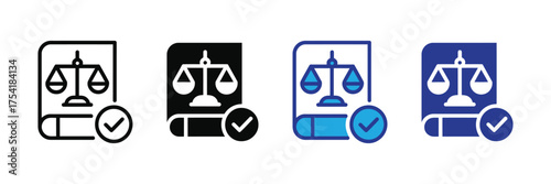 Legal book icon with scales of justice and checkmark, representing law and order, isolated on transparent background