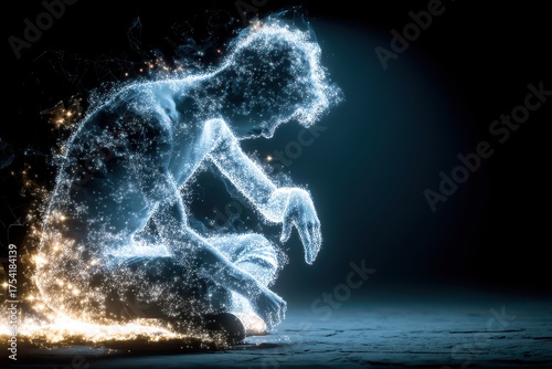 Abstract figure of blue glowing particles kneeling in a digital composition