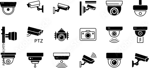 A set CCTV Icon,  Collection of security camera icons in various styles and mounting options, presented in black and white.