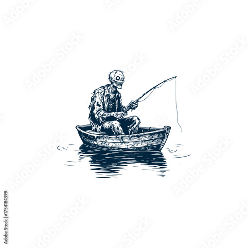 Humorous yet spooky vintage woodcut style illustration of a sitting zombie or ghoul quietly fishing from a small, rickety rowboat
