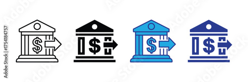 Bank icon with dollar sign and arrow indicating money transfer or withdrawal, isolated on transparent background