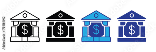 Collection of bank icons with dollar signs, representing financial institutions and monetary concepts, isolated on transparent background