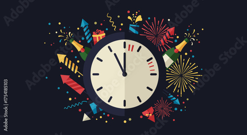 This flat design vector illustration captures the excitement of a New Year's Eve countdown, featuring a clock approaching midnight amidst festive confetti, champagne, and stylized fireworks.