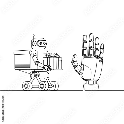 Gift delivery system of the future. A robot on wheels delivers a gift to a large android hand. Minimalistic line art illustration symbolizing automation and technological advancement.