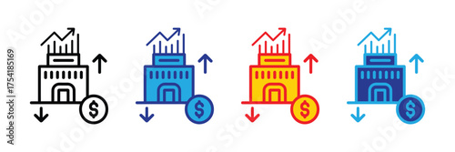 Financial growth and decline icons with building, graph, and dollar sign, isolated on transparent background