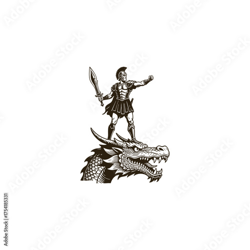 Vintage woodcut illustration of a triumphant Roman or Spartan warrior wearing armor and holding a sword, standing victoriously on the head of a fierce mythical dragon
