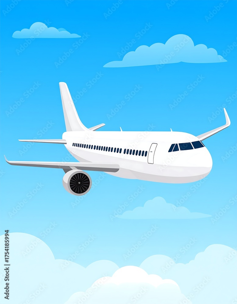 Obraz premium A white passenger aircraft soaring through a bright blue sky with fluffy white clouds around it