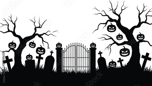Spooky Halloween cemetery scene with pumpkins and graveyard silhouettes