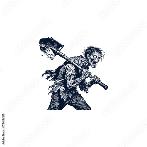 illustration of an aggressive zombie or ghoul carrying a dirty shovel over his shoulder