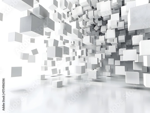 Futuristic abstract 3D cubes float and connect in a luminous digital space with a clean white background