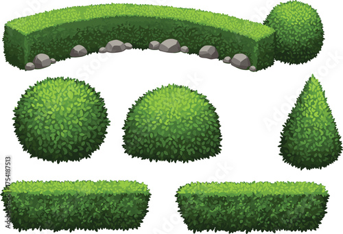 Trimmed hedges and bushes in six cartoon variants with stylized shapes and stone accents, landscaping foliage illustration, white background