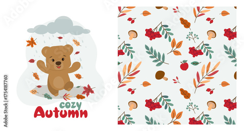 Adorable vector illustration of a smiling bear playing in the autumn rain surrounded by colorful falling leaves. Includes a seamless pattern of autumn leaves and berries for prints, textiles and more.