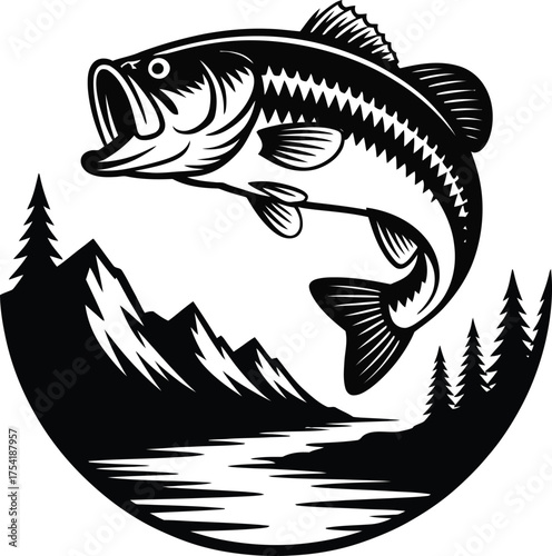 Majestic bass fish leaping in a mountain river at sunrise silhouette