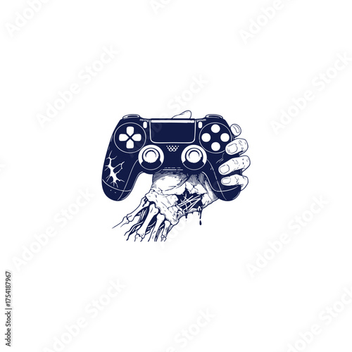 illustration of a skeletal, undead hand gripping a modern video game controller that is decaying or fusing with the flesh