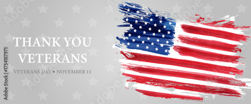 Grunge artistic American flag with the text 'Thank you veterans' on a light beige background, honoring those who served. Veteran's day concept.