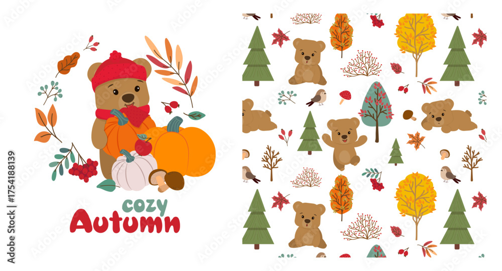 Fototapeta premium Charming vector illustration featuring a cute bear in an autumn setting with pumpkins, leaves, and trees. Ideal for seasonal designs and playful autumn-themed projects.