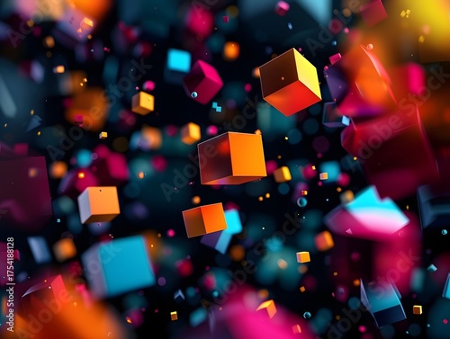 Abstract 3D cubes float in a dark futuristic digital space forming a sleek modern background design with glowing geometric shapes