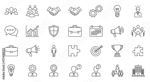 Business management thin line icon set. Teamwork, partnership, success. Human resources, corporate strategy. Marketing, communication. Goal, idea, solution, growth vector.