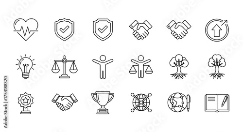 Core values and business ethics line icon set. Corporate social responsibility, sustainability, integrity, trust, justice, quality, growth, and global partnership symbols.