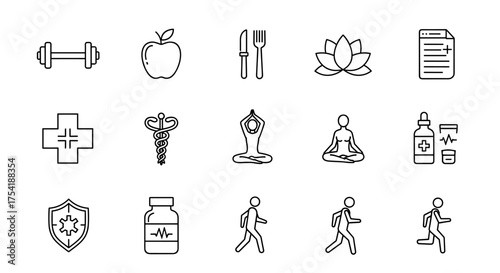 Health, fitness, and wellness thin line icon set. Medical, yoga, and healthy lifestyle symbols. Vector pictogram collection for healthcare, sport, diet, and mobile app design.