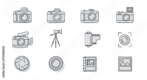 Set of photography line icons. Collection of camera, video, lens, aperture, and film equipment. Vector symbols for photographer, hobby, and media. Outline graphic elements.