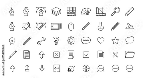 Graphic design & drawing tools line icon set. Vector symbols for web, app design. UI UX kit with pen tool, layers, color swatch, edit. Editable stroke pictogram collection.