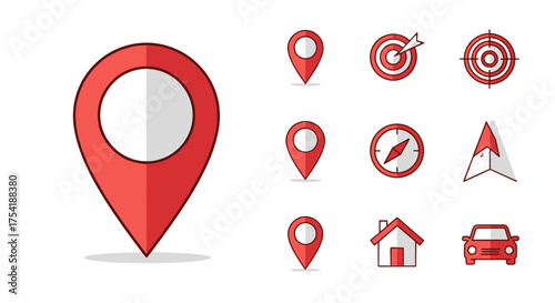 Set of location and navigation icons. Map pointer, pin, target, compass, car, and home symbols. GPS navigator sign for direction, route, address, and destination. Red vector illustration.