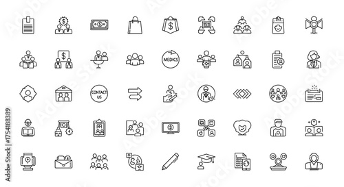 Business and finance icon set. Line pictograms of teamwork, management, human resources, shopping, and money. Communication, medical services, education, and contact us signs.
