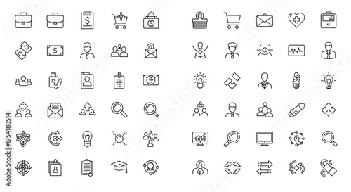 Business and finance thin line icon set. Collection of outline pictograms for web and mobile. Human resources, management, marketing, strategy and startup vector symbols.