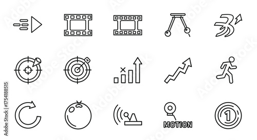 Simple line icon set about motion, speed and progress. Contains icons as target, goal, action, success, film, animation, newtons cradle, physics, running, growth.