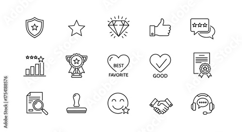 Quality control, customer satisfaction, and service excellence line icon set. Vector symbols for review, rating, award, guarantee, best choice, and positive feedback.