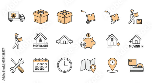 Moving and relocation line icon set. House moving service business symbols. Logistics and delivery concept. New home, packing, transport vector elements. Truck, box, tools.